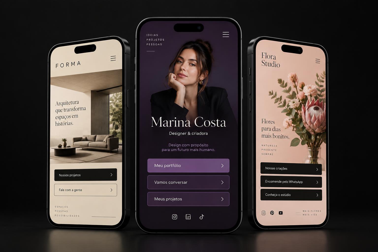 Três smartphones com mini sites LOKBIO para criadores, estúdios e lojas
